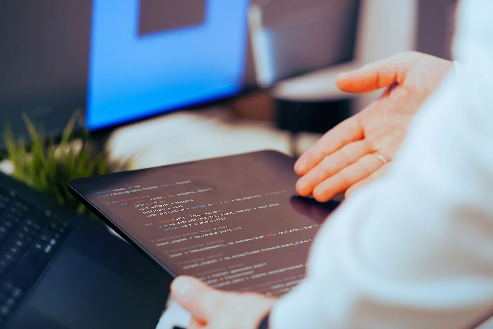 Developer reviewing application code on a tablet during testing